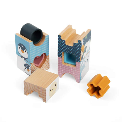 Stacking blocks tower with Arctic animal designs, including penguins, polar bears, and walruses, part of the Bigjigs Toys Arctic Tower Puzzle for early learning and fine motor skill development.
