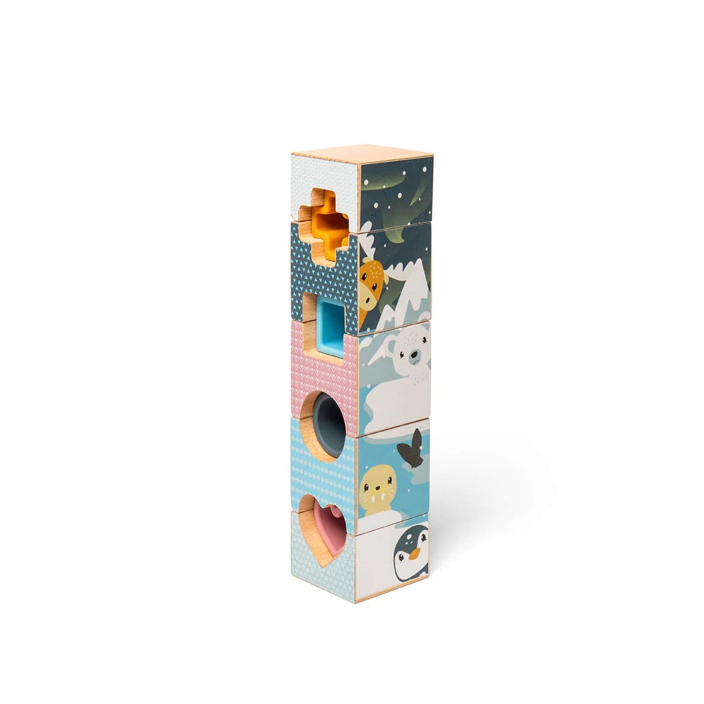 Stacked tower of Arctic-themed blocks with vibrant illustrations, including penguins, polar bears, and snowy mountain scenes.