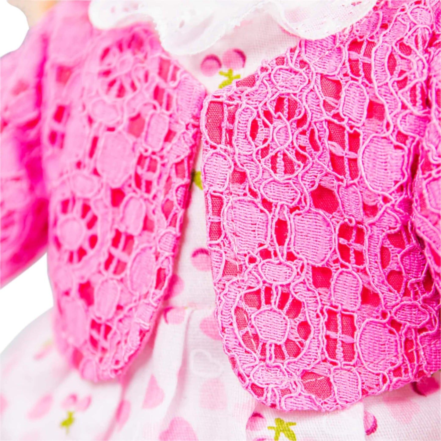 Zoomed view of Becky’s pink lace cardigan with intricate stitched floral patterns.