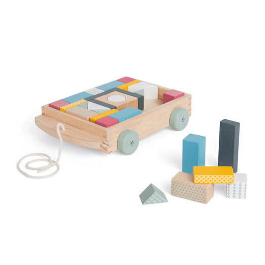 Bigjigs Toys Brick Cart with colourful wooden blocks and pull cord, ideal for stacking, sorting, and imaginative play.