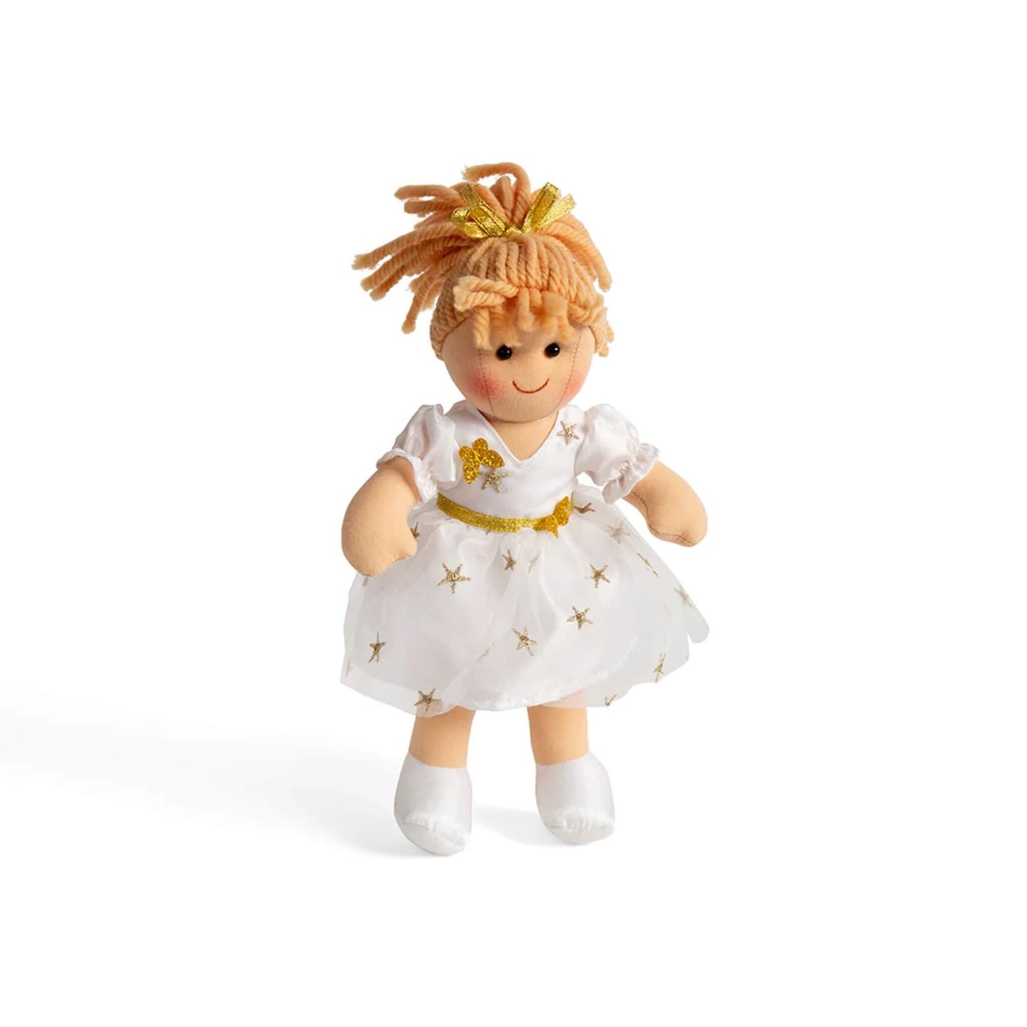Bigjigs Toys Charlotte ragdoll wearing a white dress with gold star print, golden ribbon detail, and matching soft shoes, standing upright against a plain background.