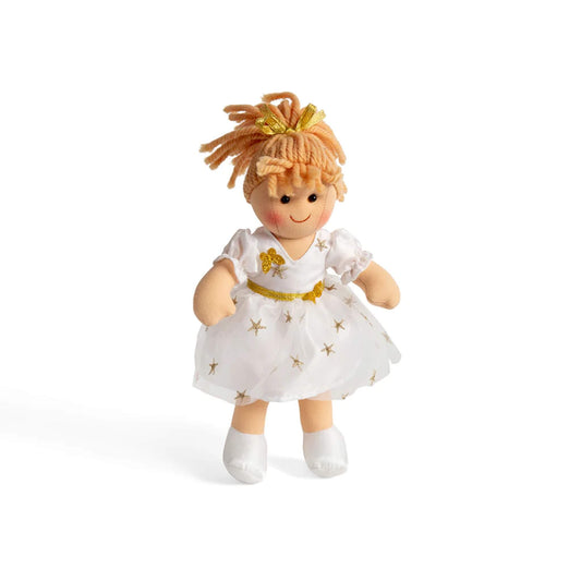 Bigjigs Toys Charlotte ragdoll wearing a white dress with gold star print, golden ribbon detail, and matching soft shoes, standing upright against a plain background.