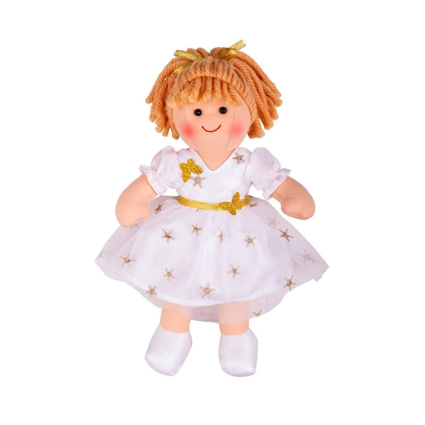 Front-facing view of the Bigjigs Toys Charlotte ragdoll in a sparkly white and gold star dress with gold bows and soft yarn hair tied with ribbon.
