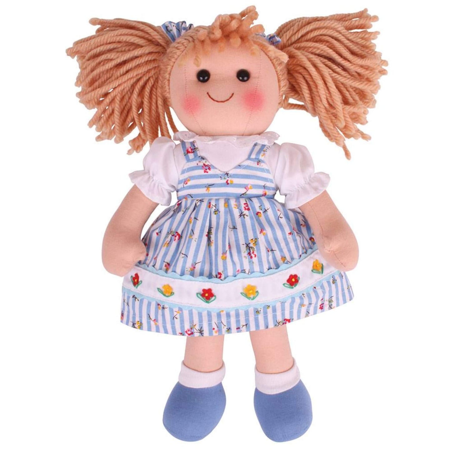Front view of Christine Doll showing her soft striped dress, puff-sleeved white blouse, and blue shoes with white ankle cuffs.