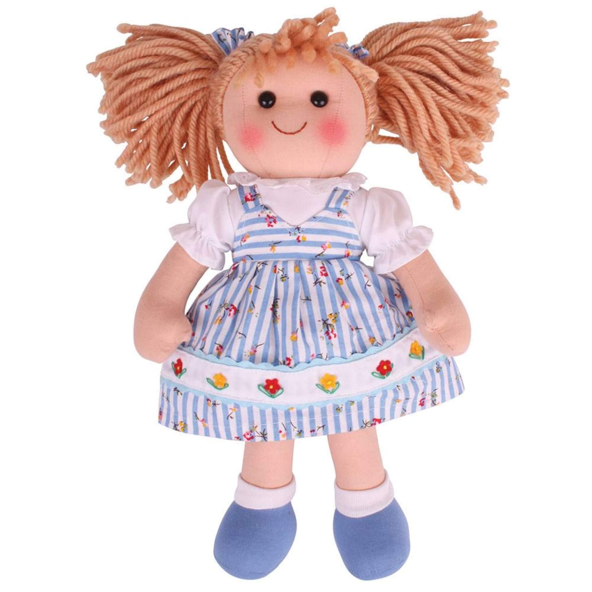 Front view of Christine Doll showing her soft striped dress, puff-sleeved white blouse, and blue shoes with white ankle cuffs.