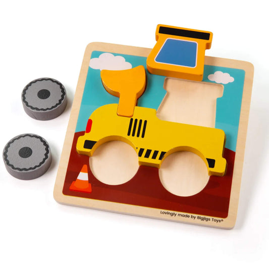 Bright yellow digger puzzle with chunky, easy-to-grip wooden pieces, including two removable grey wheels, a cab, and a scoop, set on a  colourful wooden base with a construction scene background.
