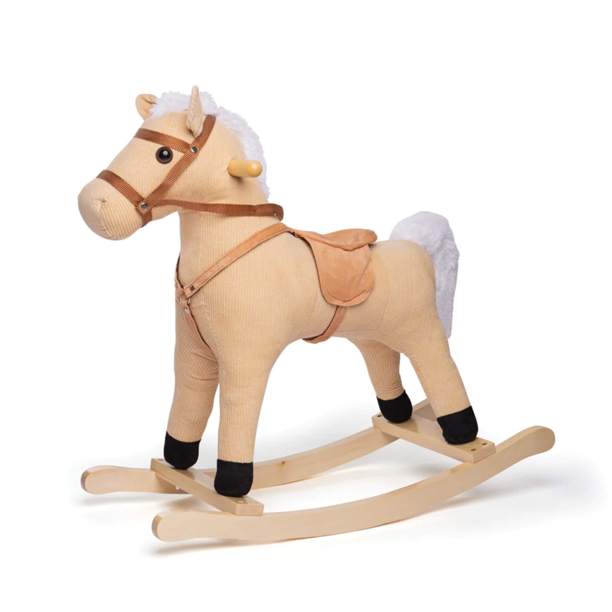Bigjigs Toys Cord Rocking Horse featuring a natural corduroy-style fabric, soft saddle, and matching bridle on a smooth wooden rocking base.