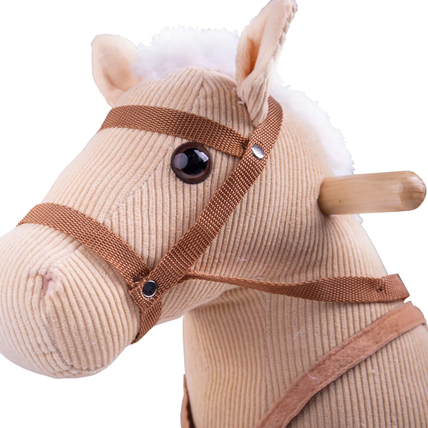 Detailed view of the Bigjigs Toys Cord Rocking Horse showing the cord texture, stitched features, and bridle straps.