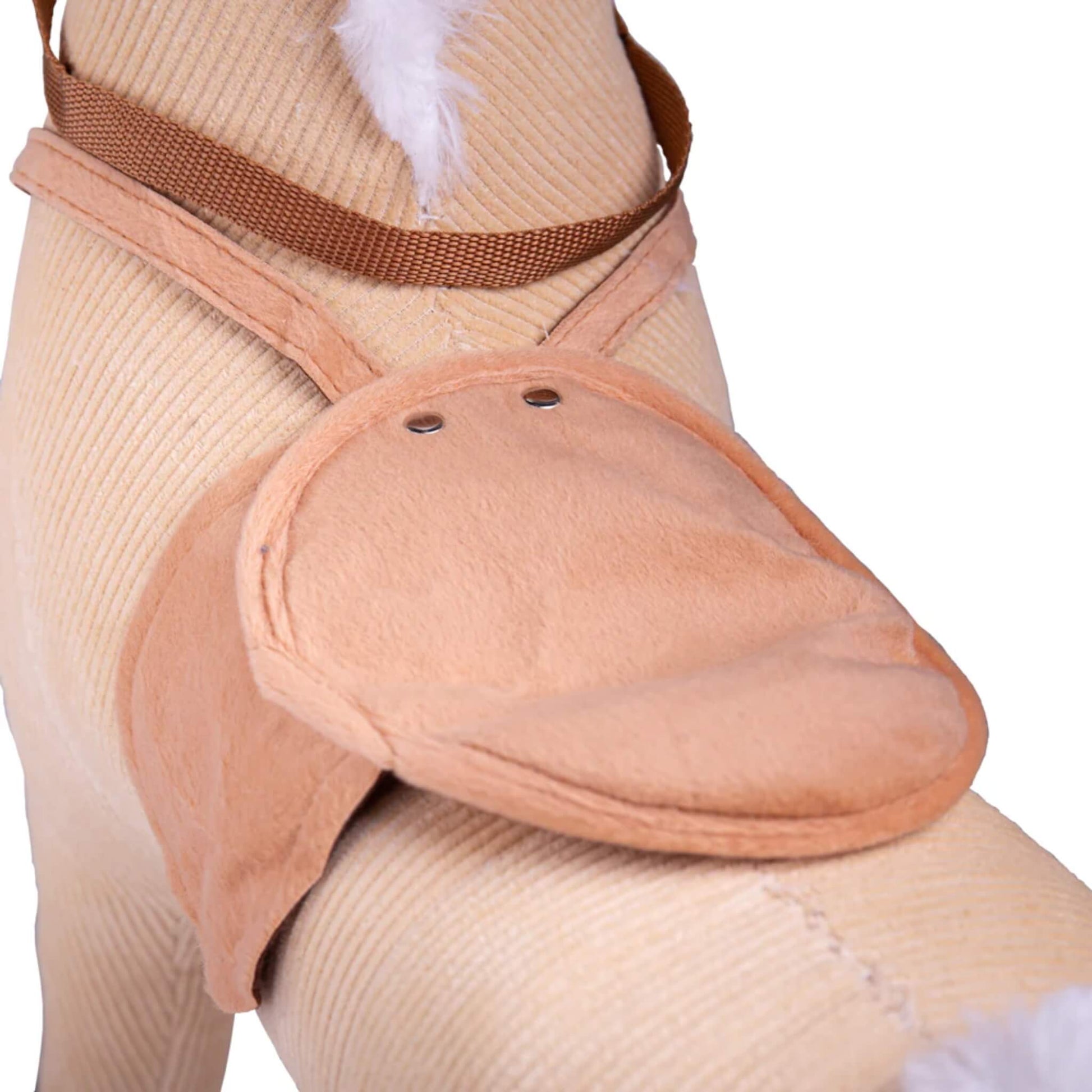 Soft suede-effect saddle on the Bigjigs Toys Rocking Horse, with stitched detailing and attached harness.