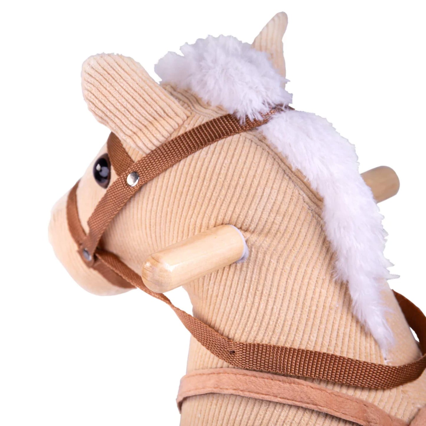 Textured white mane and brown reins on the Bigjigs Toys Cord Rocking Horse, shown in side profile.