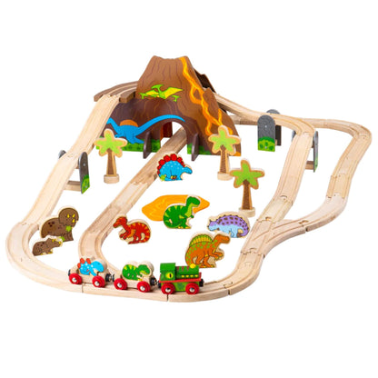 Bigjigs Toys Dinosaur Railway Set fully assembled with wooden track, volcano tunnel, colourful dinosaur figures, and palm trees on a white background.