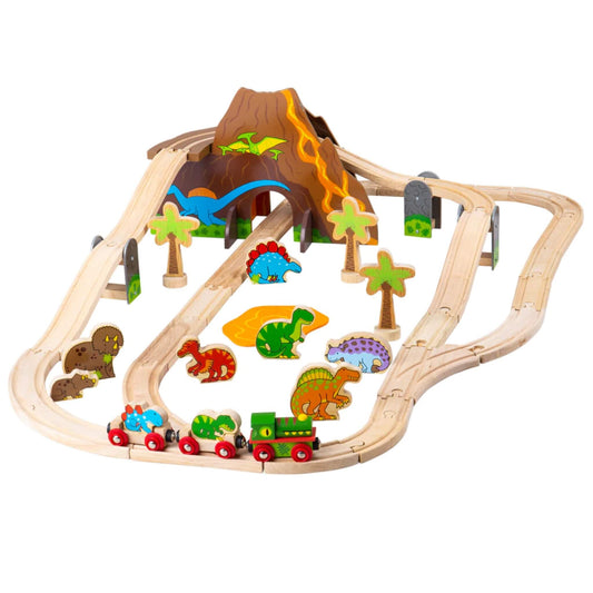Bigjigs Toys Dinosaur Railway Set fully assembled with wooden track, volcano tunnel, colourful dinosaur figures, and palm trees on a white background.