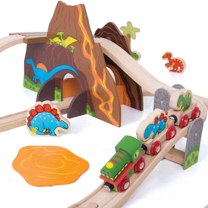 Wooden train with dinosaur characters crossing a bridge beside a lava pool and volcano tunnel in the Bigjigs Toys Dinosaur Railway Set.