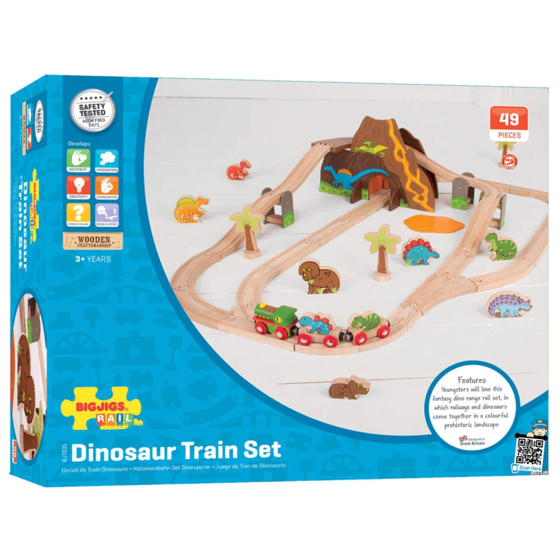 Retail packaging for the Bigjigs Toys Dinosaur Train Set showing product features, contents, and colourful illustrated setup with volcano, dinosaurs, and wooden tracks.
