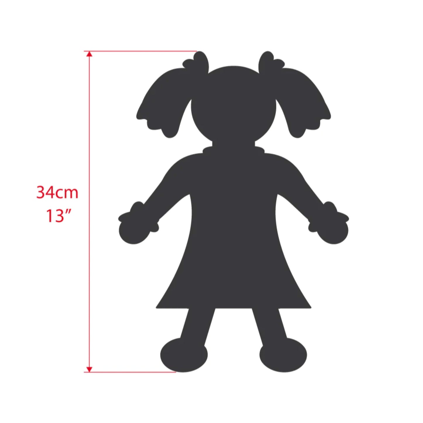 Silhouette diagram of a pigtail Bigjgis doll showing a height measurement of 34cm (13 inches) from top to bottom with red arrows and text.