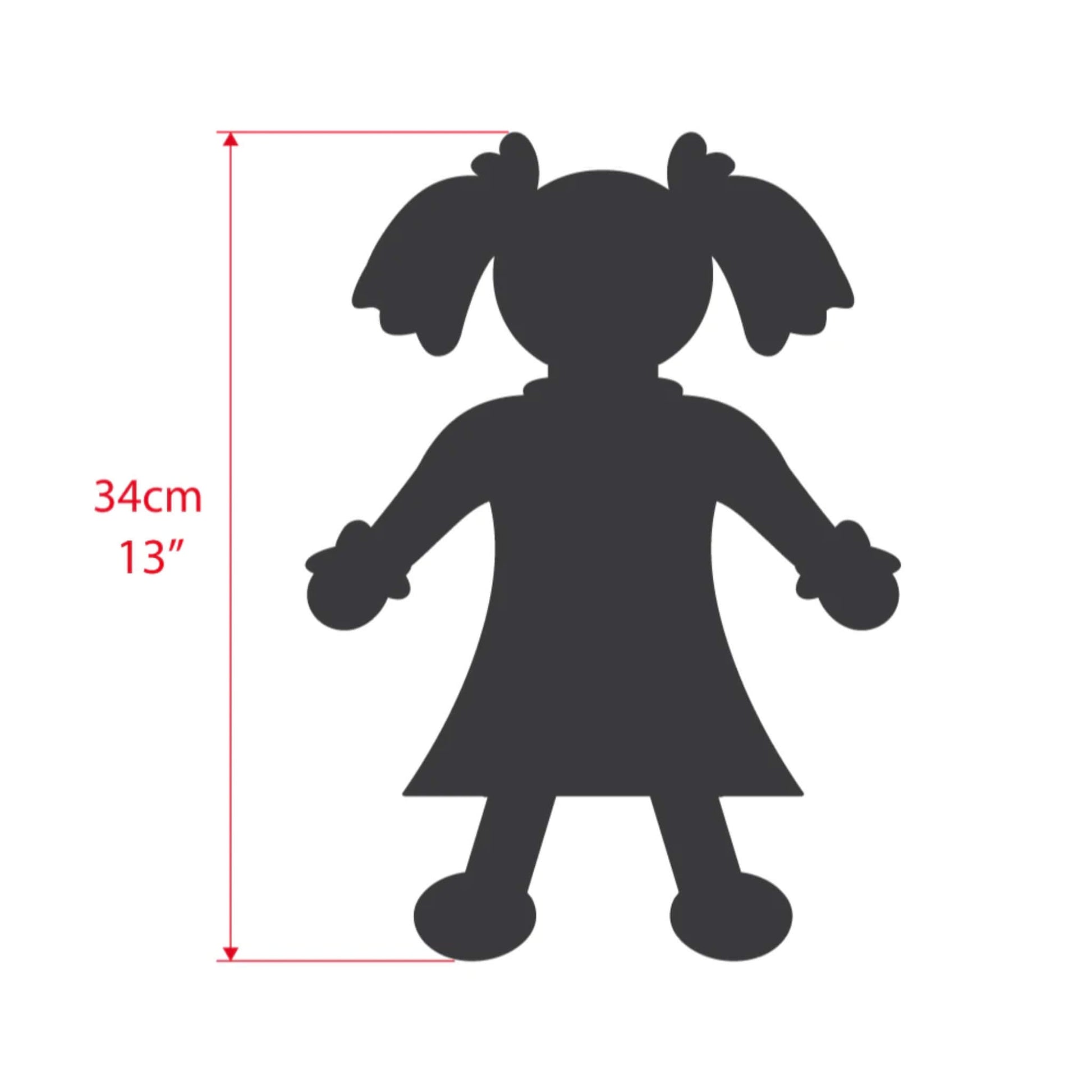 Silhouette diagram of a pigtail Bigjgis doll showing a height measurement of 34cm (13 inches) from top to bottom with red arrows and text.