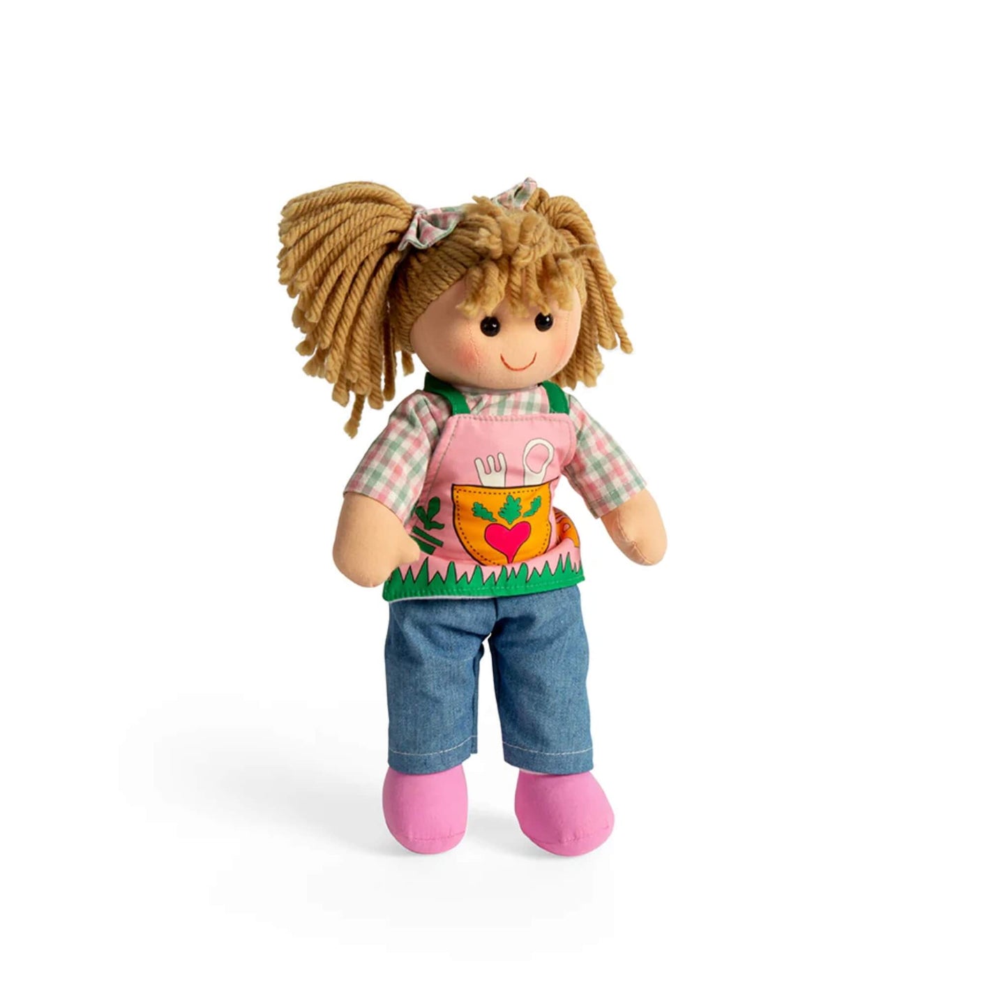 Bigjigs Toys Elsie Doll with light brown yarn hair in pigtails, dressed in a gingham shirt, embroidered pink apron, blue trousers and pink shoes.