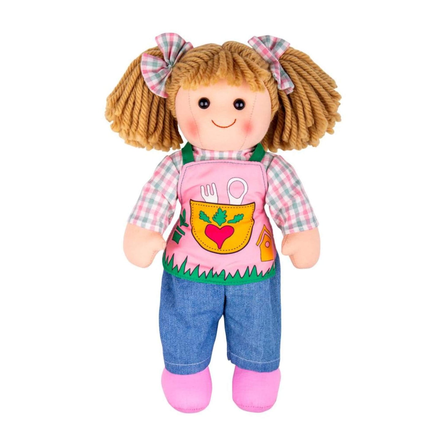 Front view of Elsie Doll wearing denim trousers, a green and pink gingham top, and a colourful gardening-themed apron with utensil and heart details.