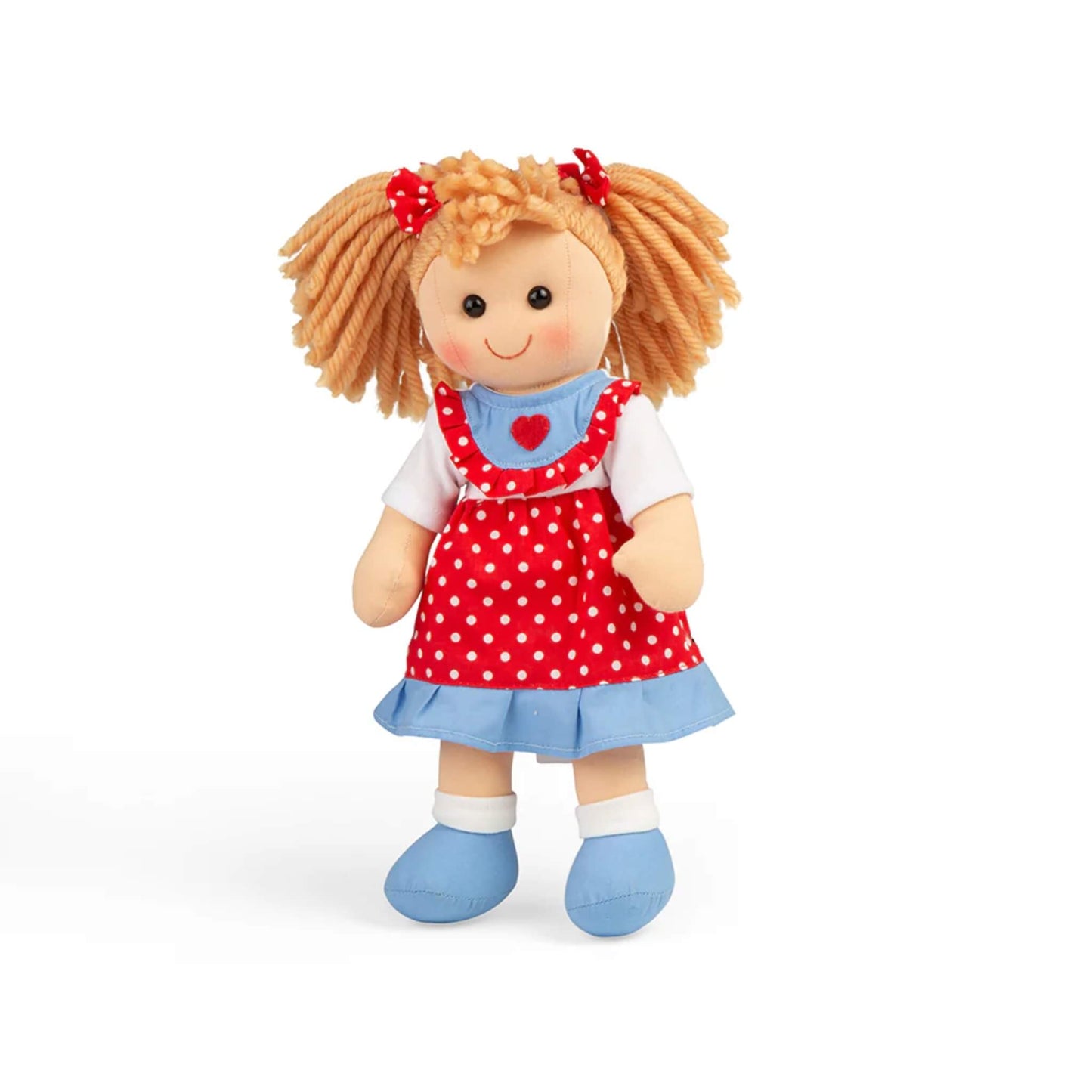 Bigjigs Toys Emily Doll with blonde yarn hair in pigtails, dressed in a red polka dot pinafore with blue trim, white T-shirt and blue shoes.