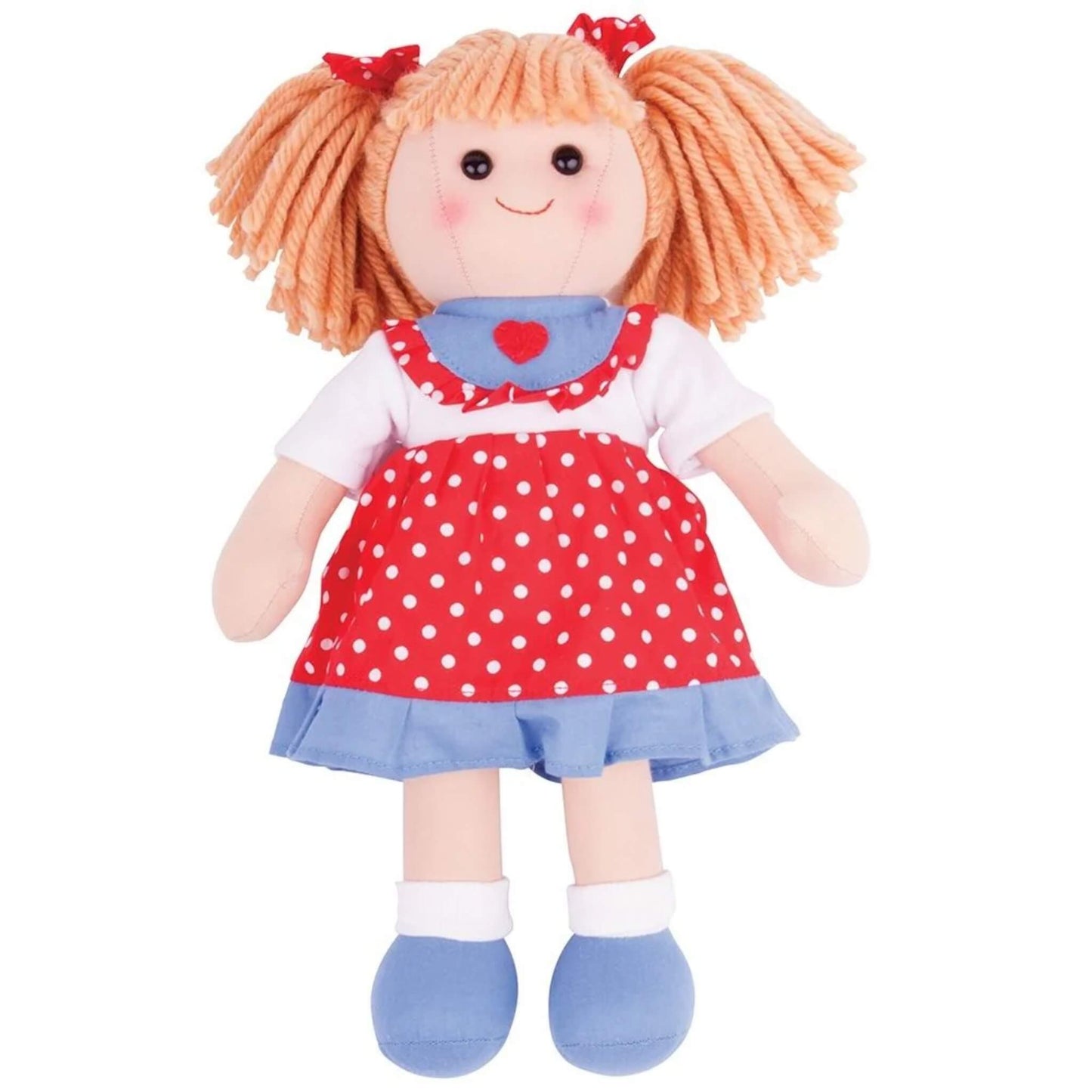 Front-facing view of Emily Doll wearing a red and white polka dot dress with a blue hem and heart motif, paired with soft blue shoes and white socks.