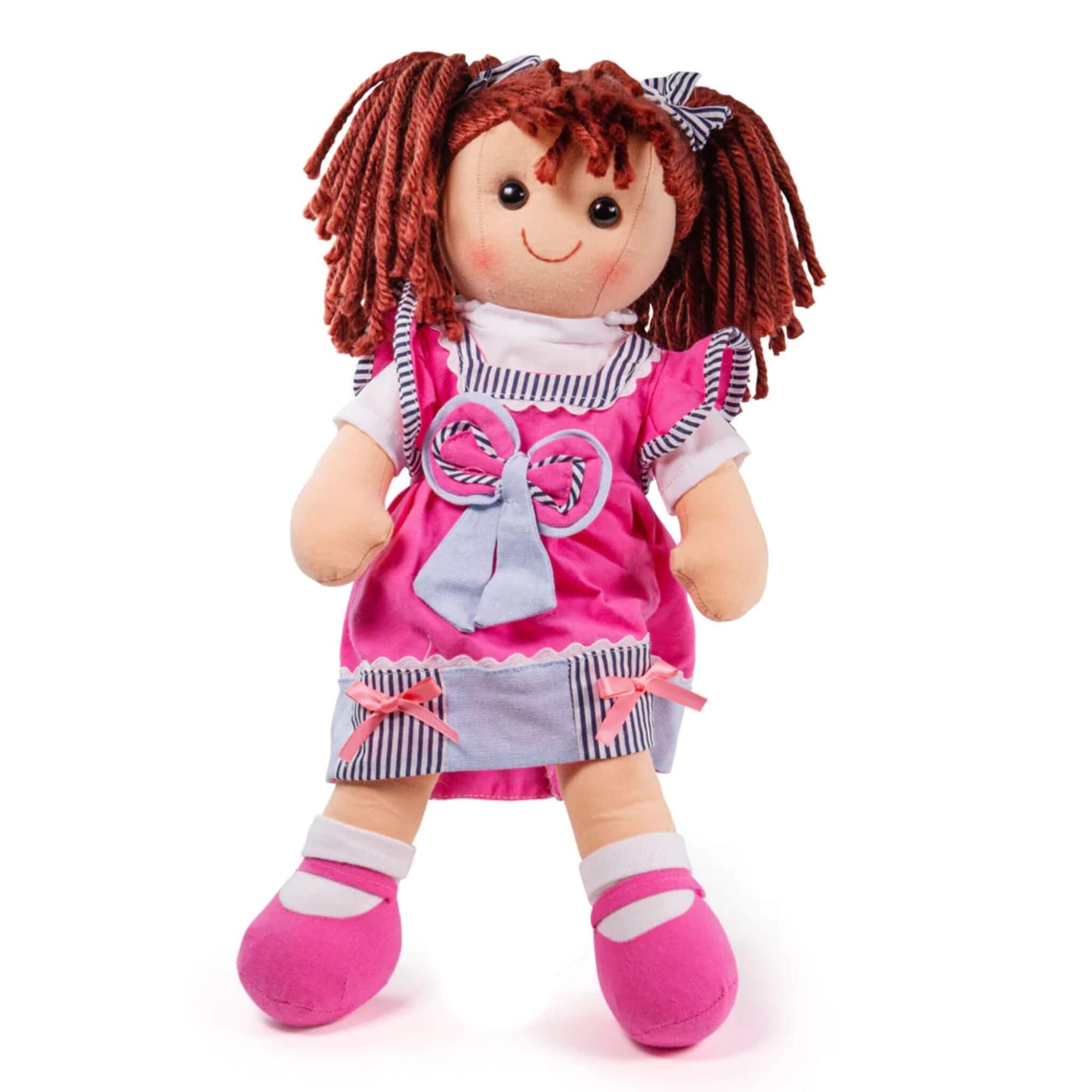 Bigjigs Toys Emma Doll dressed in a vibrant pink and blue outfit with stripy bows, wearing matching pink shoes and smiling sweetly with brown yarn hair in bunches.