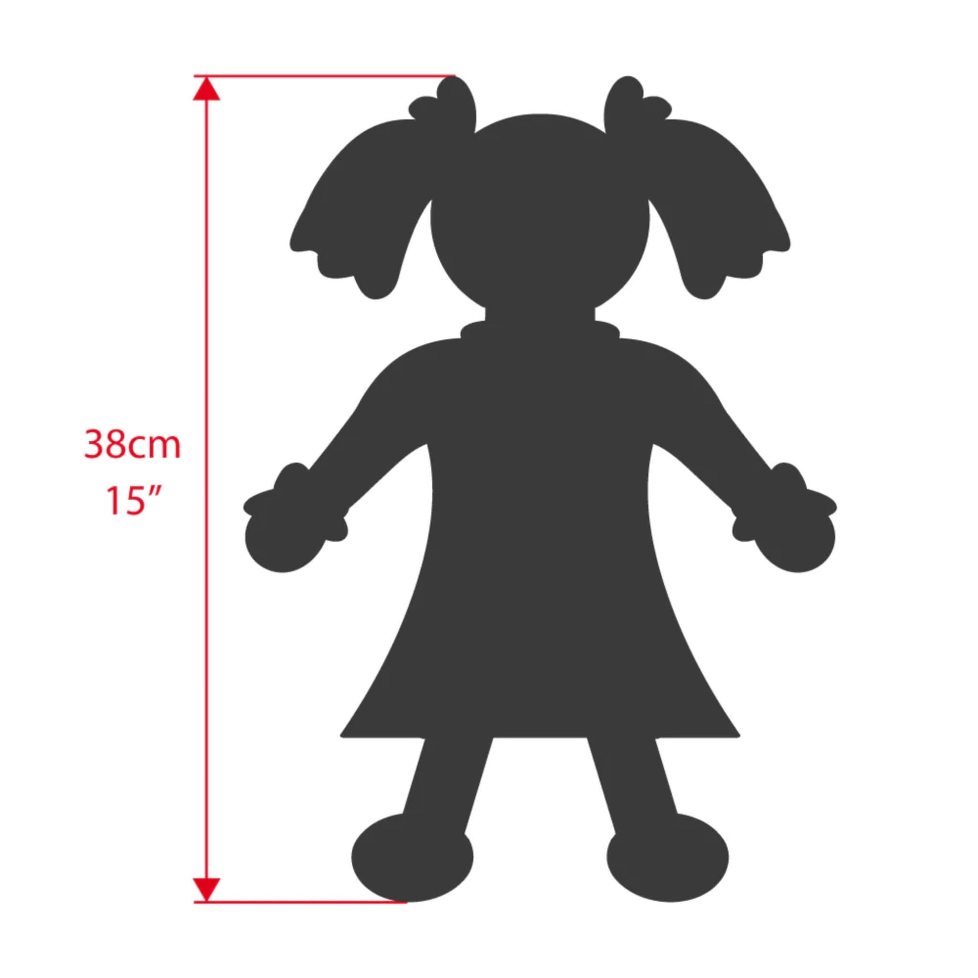 Size guide illustration showing the silhouette of a doll with bunches, labelled with height measurement of 38cm (15 inches) in red.