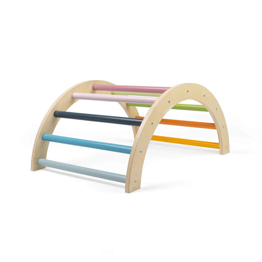FSC® certified wooden climbing arch from Bigjigs Toys, featuring muted rainbow-coloured rungs for climbing, balancing, and imaginative play.