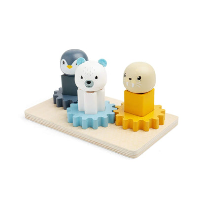 Wooden penguin, polar bear, and walrus figures on cog board, ideal for encouraging dexterity and coordination.