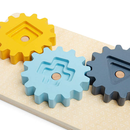 Close-up of yellow, blue, and grey cogs with textured shapes, ready for spinning and sorting.