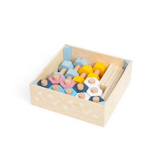 Bigjigs Toys FSC Crate of Nuts and Bolts set with chunky wooden pieces in pastel colours, neatly packed in a sturdy wooden crate.