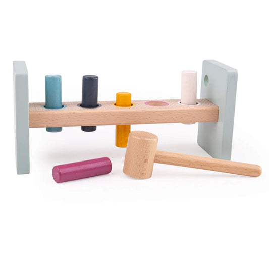 Bigjigs Toys FSC® Certified Hammer Bench with six colourful wooden pegs and a natural wooden hammer, shown on a plain background ready for play.