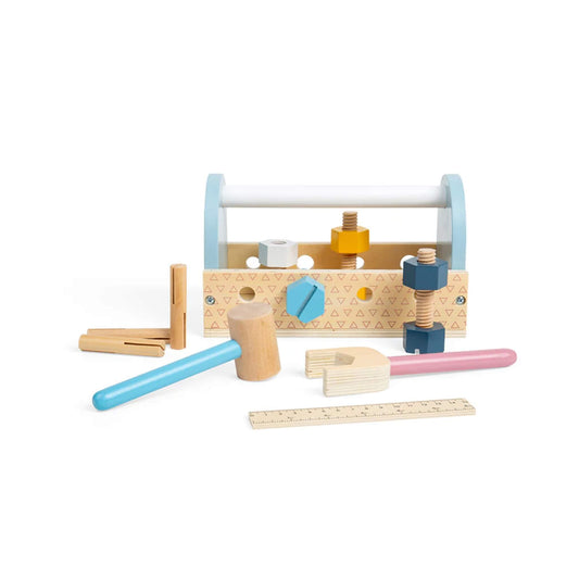Front view of the wooden tool box neatly packed with tools, showing blue hammer and pink spanner alongside threaded nuts and bolts ready for play.