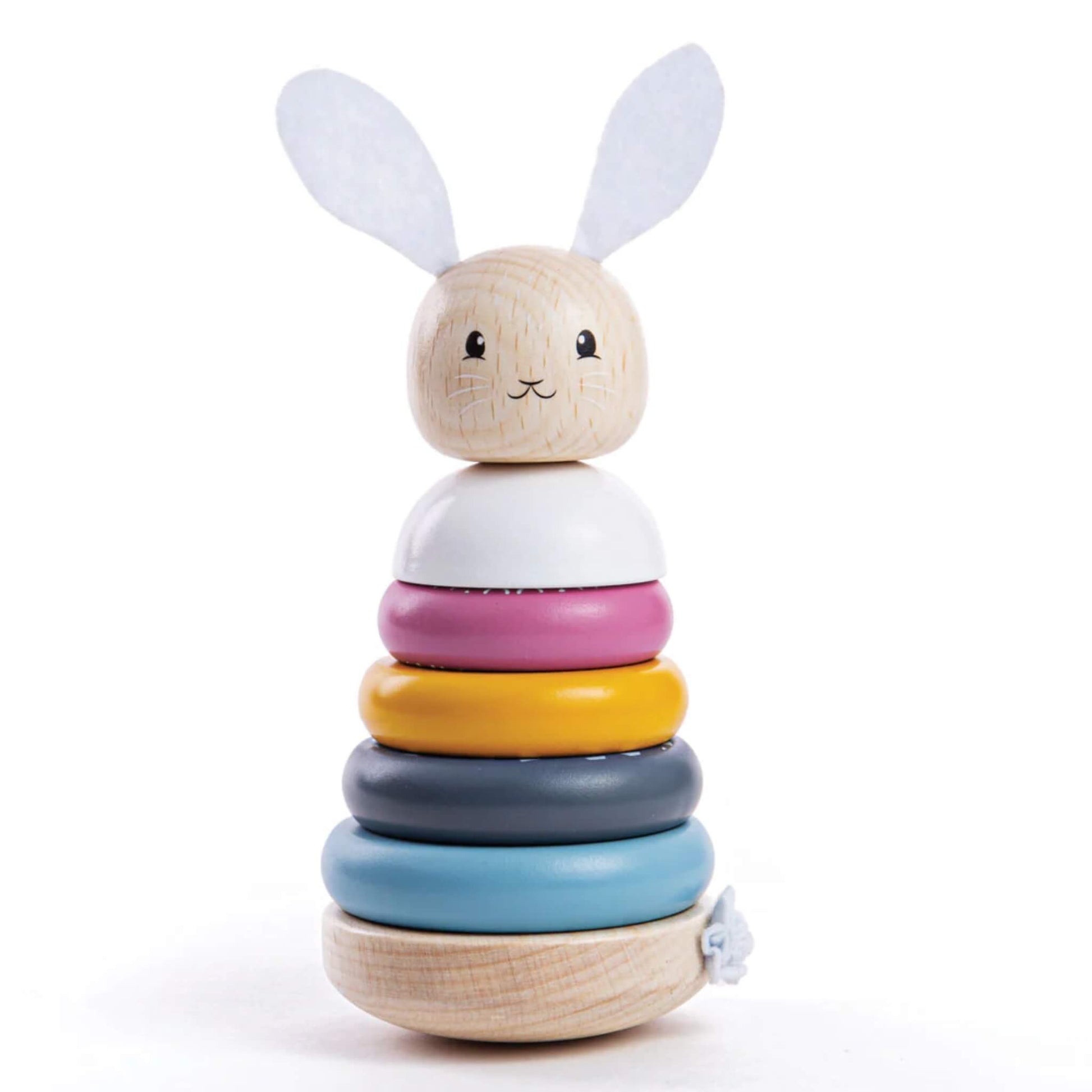 Bigjigs Toys FSC® Certified Rabbit Stacking Rings with soft pastel wooden rings, a flexible stacking pole, and a bunny head with felt ears and tail.