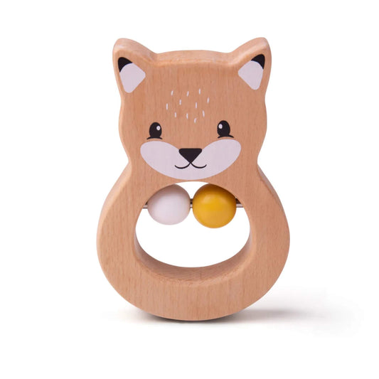 The Bigjigs Toys FSC® Certified Fox Rattle shown upright, with a smooth wooden finish, painted fox face, and two coloured beads inside the easy-grip handle.