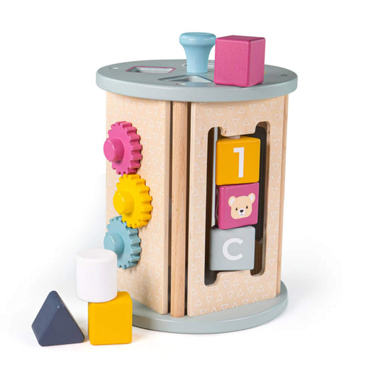 The Bigjigs Toys FSC® Certified Rolling Activity Sorter standing upright, with colourful shape blocks, gears, and flip blocks visible.