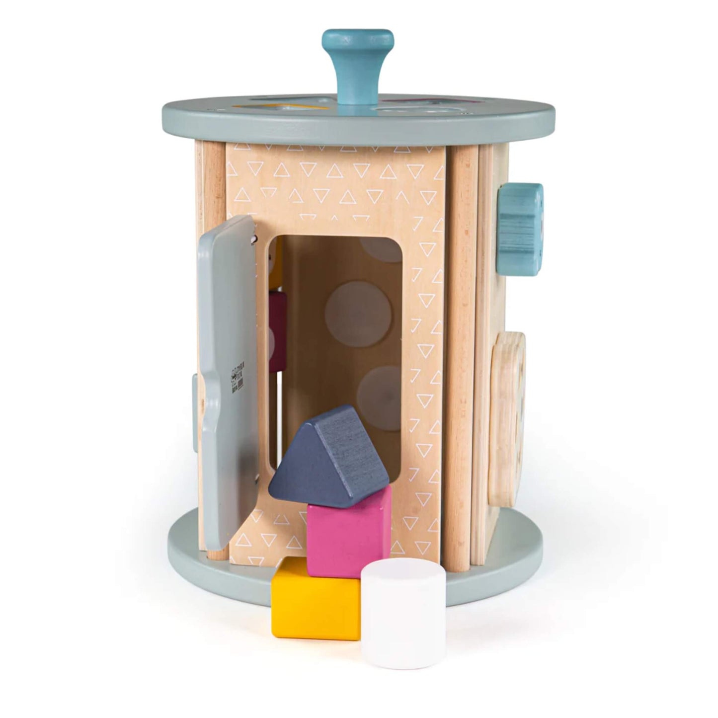 Open door view of the toy standing upright, with wooden shape blocks arranged around the base and visible through the internal compartment.