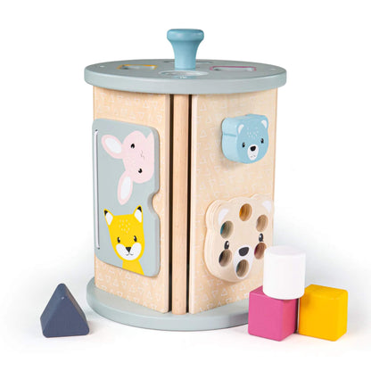 Upright view of the Bigjigs Toys FSC® Certified Rolling Activity Sorter showing the bear face dial, animal-themed flip book, and four colourful shape blocks.