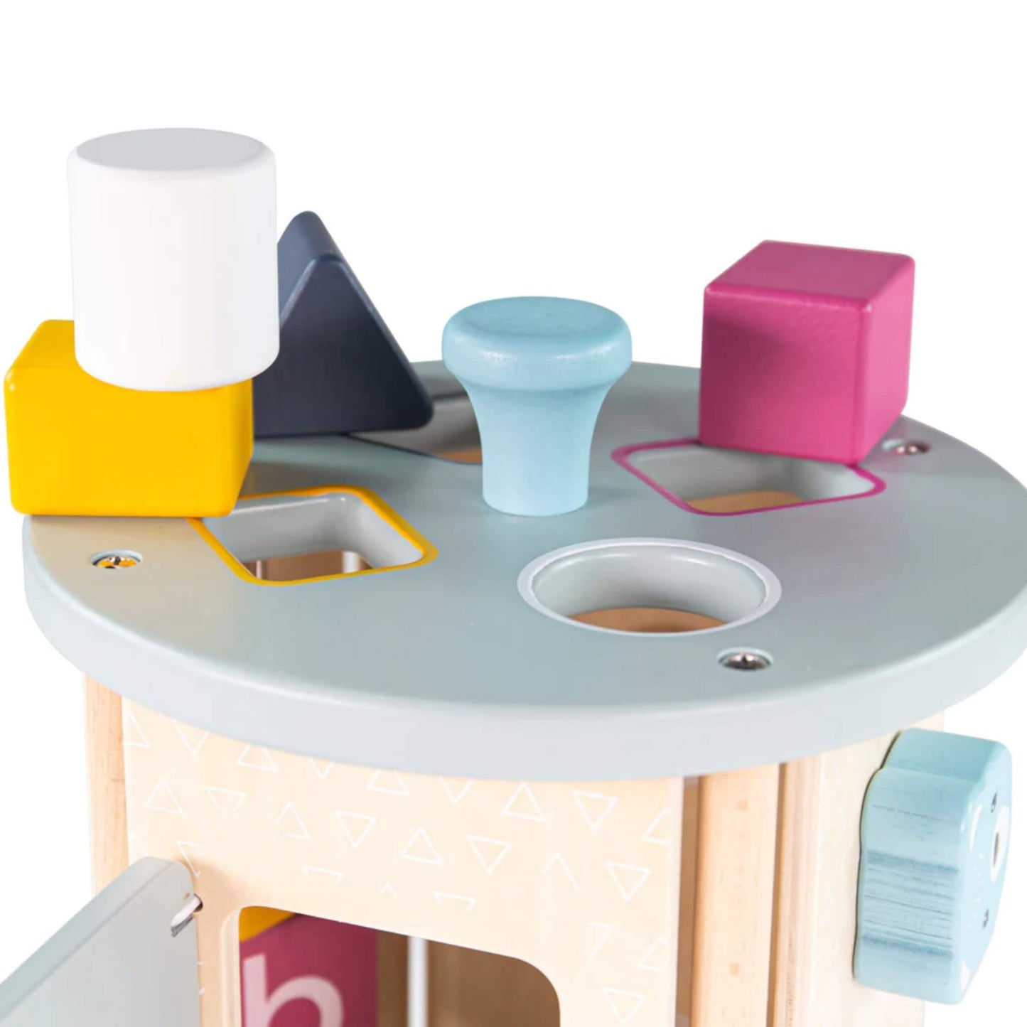 Close-up of the shape sorter lid showing five colourful wooden shapes and a central handle, each slot outlined to match the correct shape.
