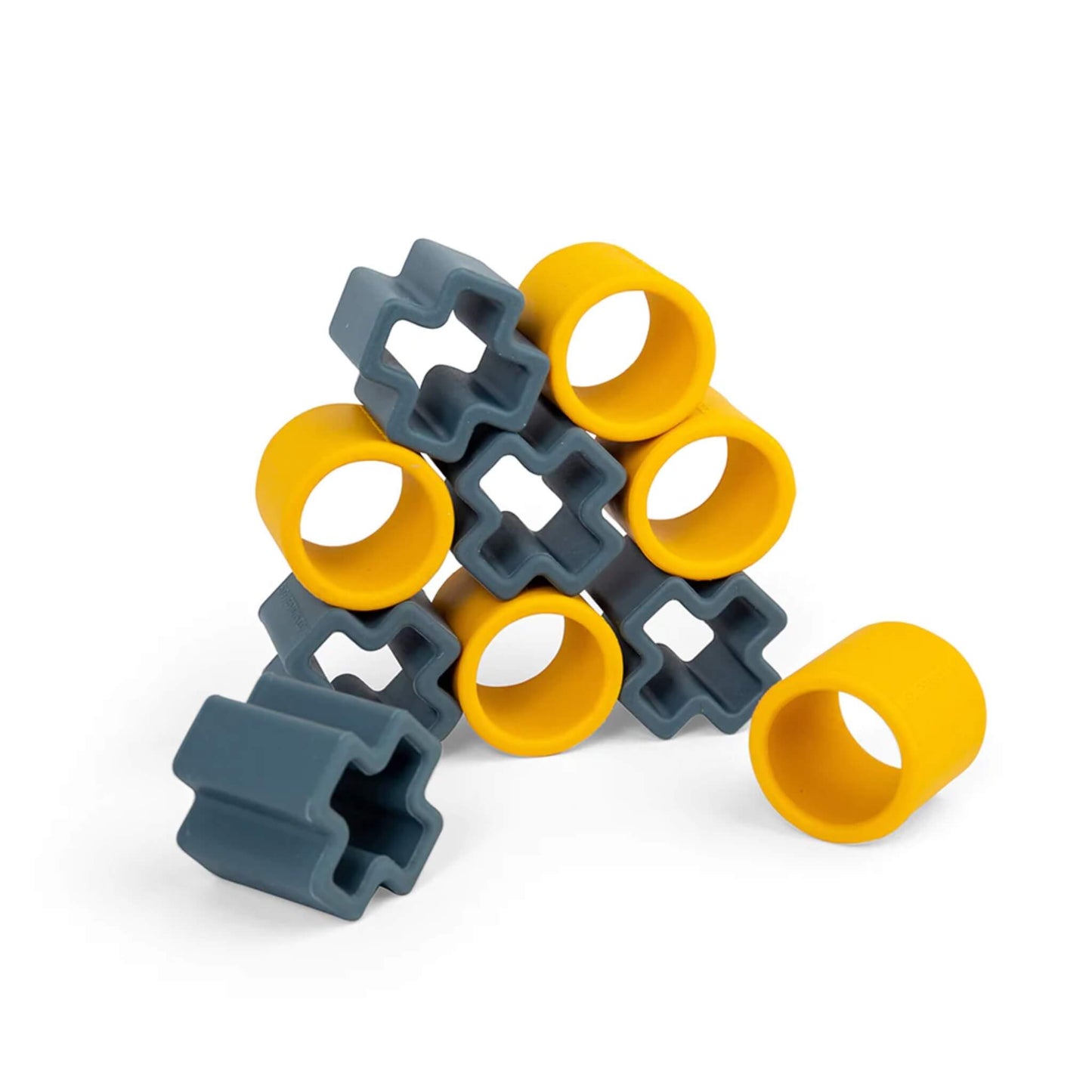 The yellow and grey silicone noughts and crosses stacked together in a triangle shape, showing their chunky design and tactile finish.
