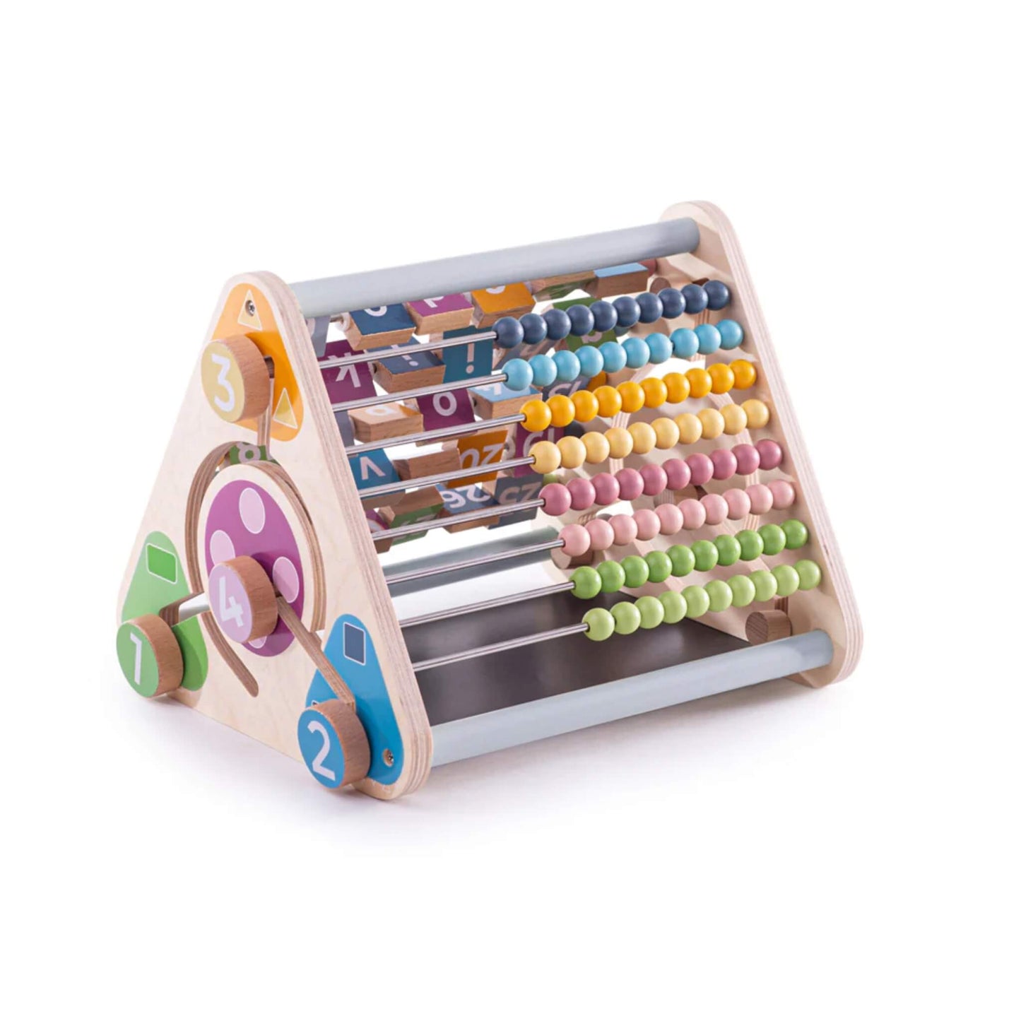 A wooden Bigjigs Toys FSC® Certified Triangular Activity Centre with pastel-coloured abacus beads and rotating number blocks on a light background.
