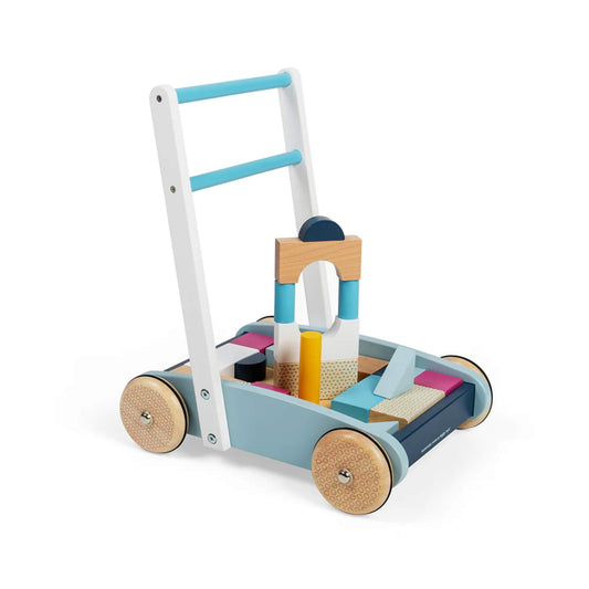 Sturdy FSC® Certified wooden baby walker from Bigjigs Toys, featuring a wooden frame, easy-grip handlebar, and a tray of colourful wooden blocks for early building fun.