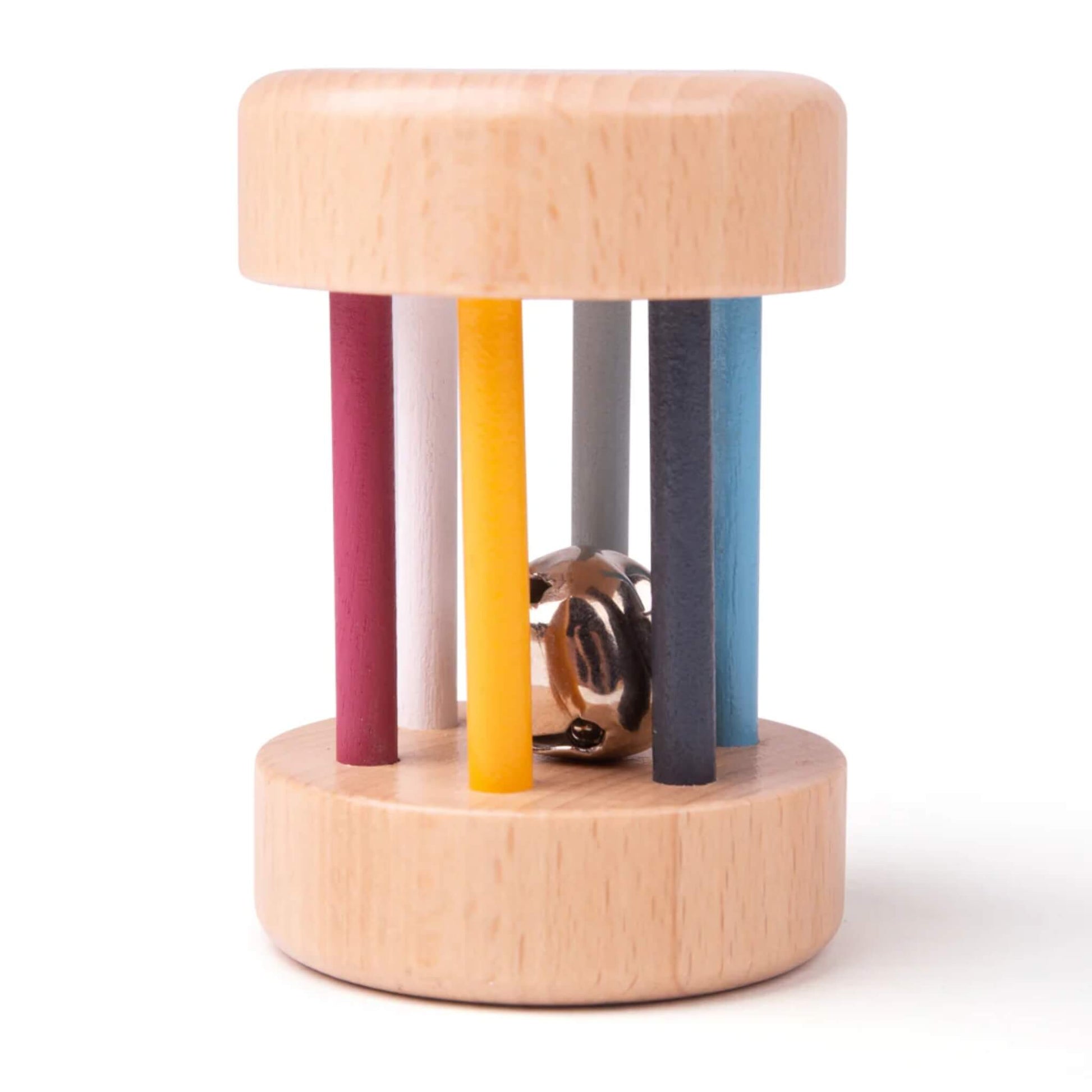 Bigjigs Toys FSC® Certified Wooden Roll Rattle standing upright, showing six coloured bars and a silver bell enclosed in smooth wooden ends.