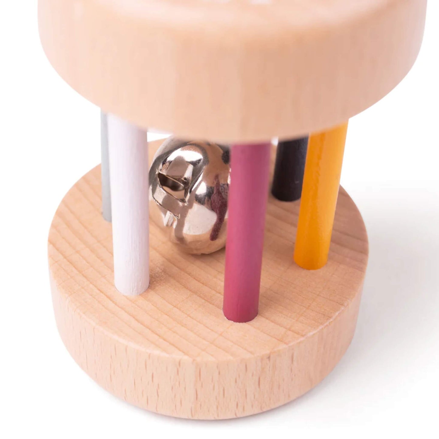 Close-up of the FSC® Certified Wooden Roll Rattle showing the shiny bell inside and painted bars in muted rainbow tones.