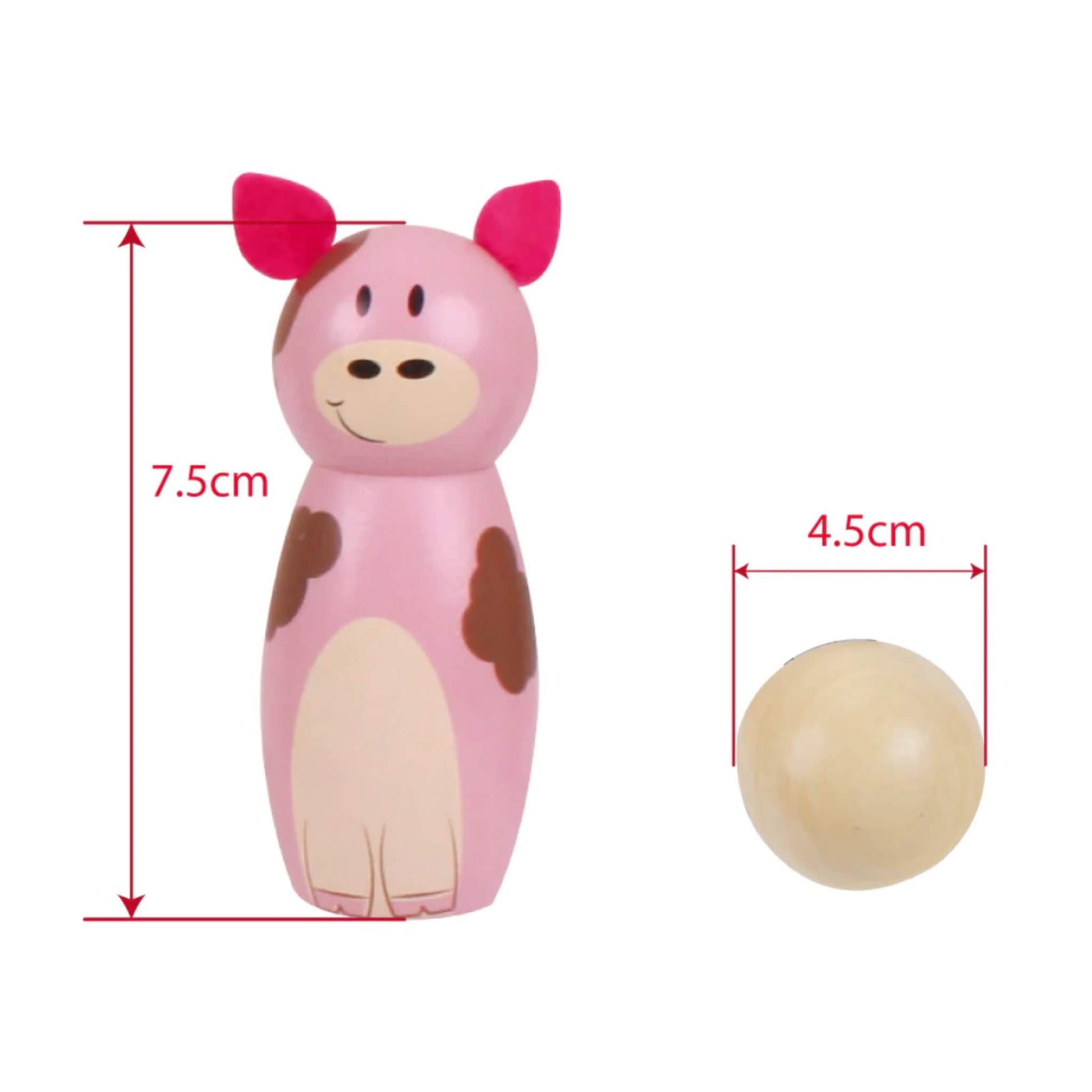 Size reference showing a pink pig skittle standing next to a natural wooden ball, with measurements marked for both height and width.