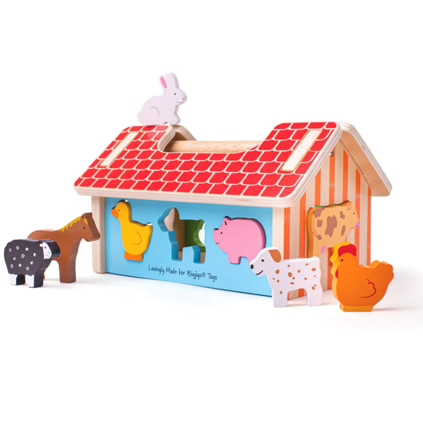 Farmhouse shape sorter from Bigjigs Toys, featuring a colourful wooden barn with removable animal figures and cut-out sorting slots, designed to help little ones match shapes and learn about farm animals.