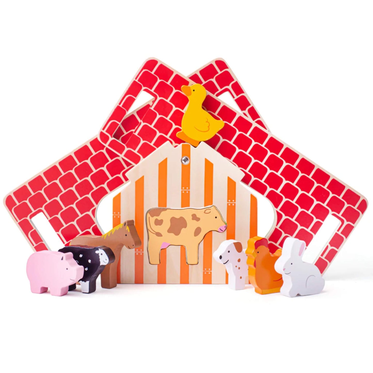 Wooden farmhouse shape sorter with the roof taken off, revealing cut-out animal slots and a smooth wooden handle for easy carrying.