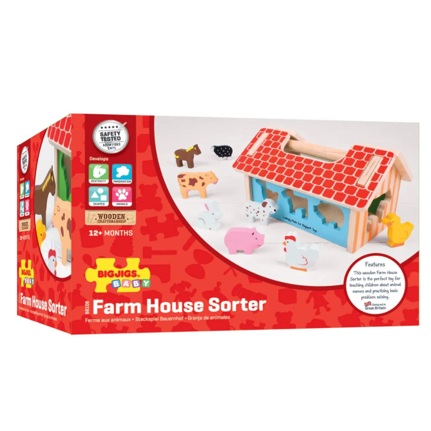 Bigjigs Toys Farm House Sorter in packaging, featuring bright, eye-catching red and yellow design with product details and age recommendations.