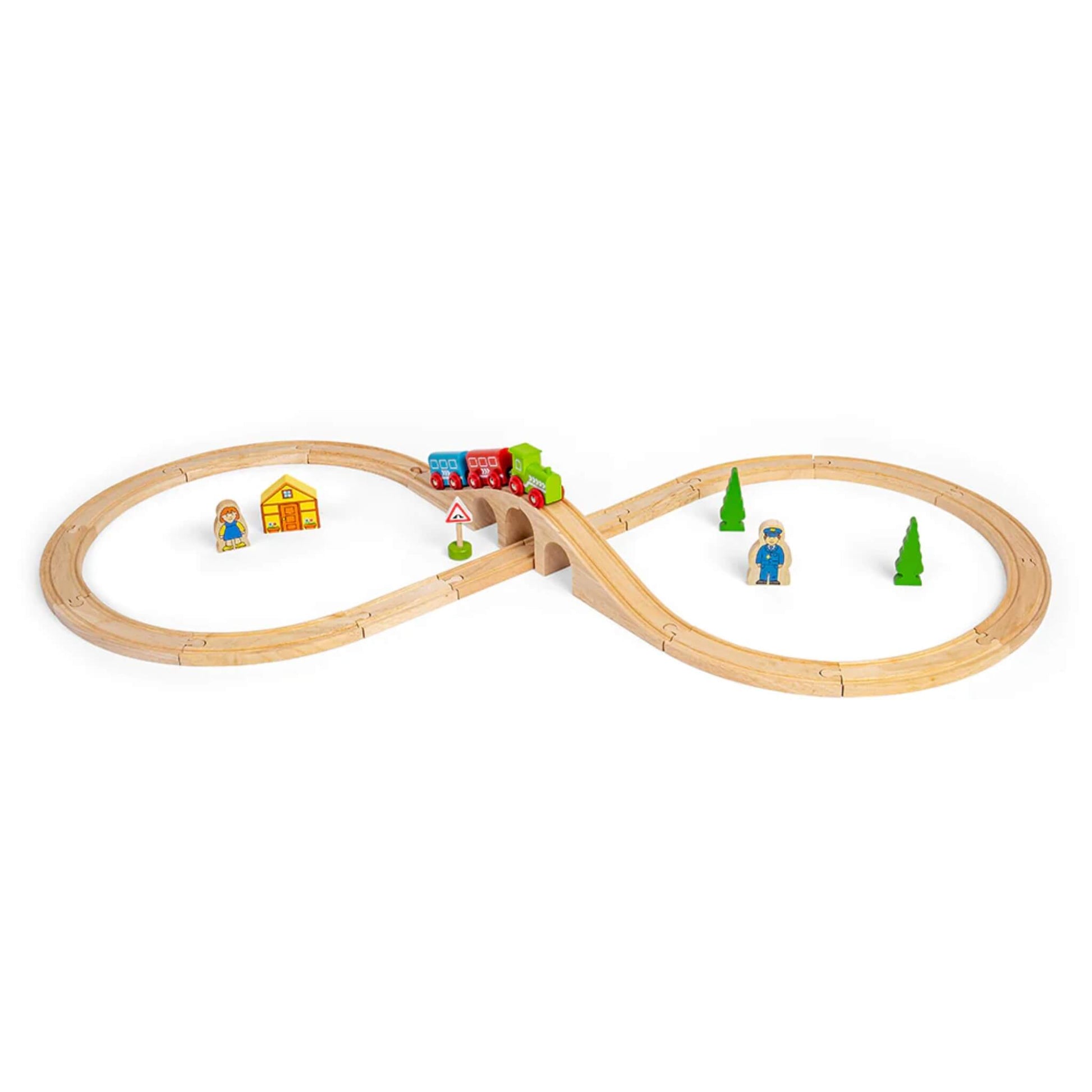 The Bigjigs Toys Figure of Eight Train Set laid out in a classic wooden loop with bridge, colourful engine and carriages, trees, warning sign, and two character figures.