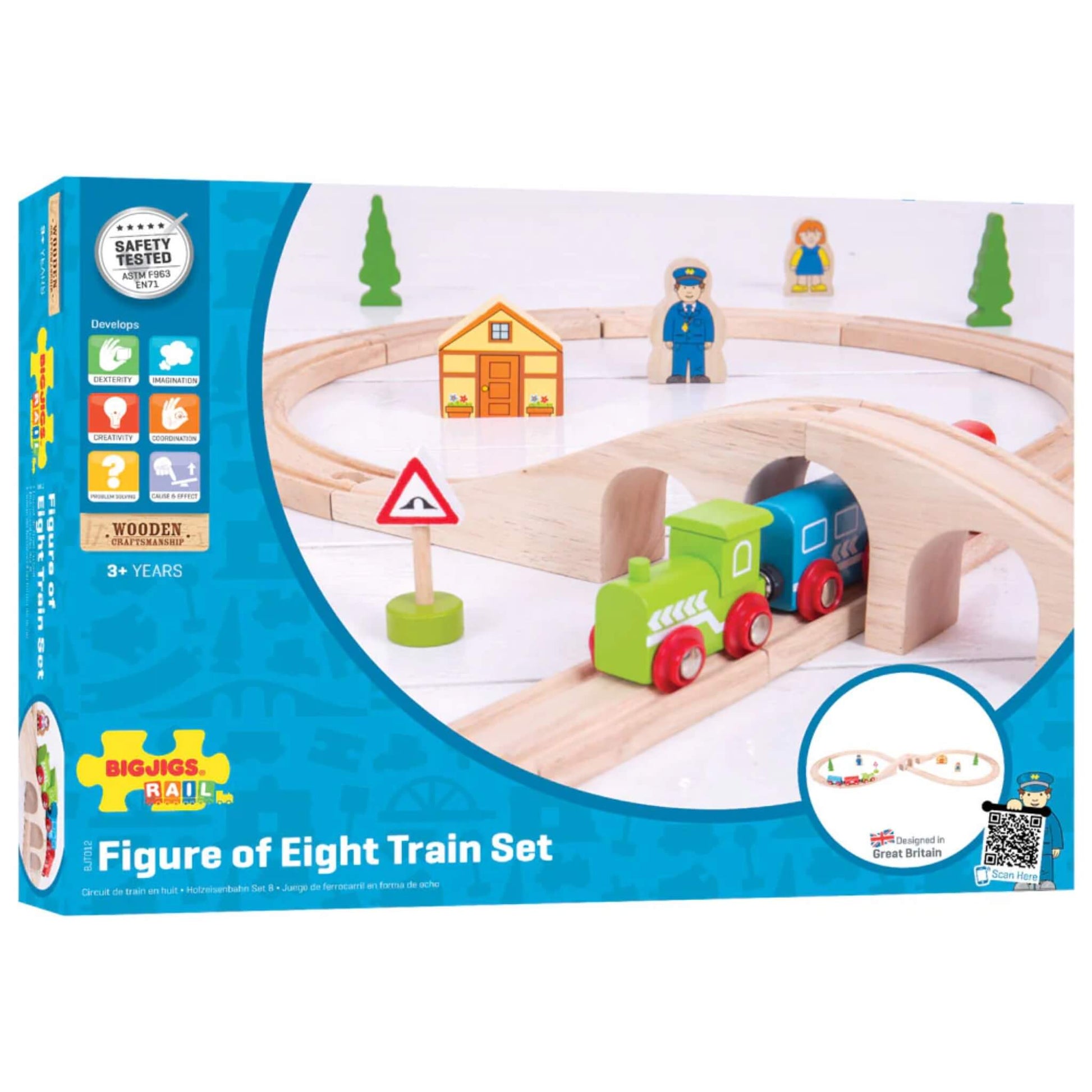 Product packaging for Bigjigs Toys Figure of Eight Train Set showing the full layout with colourful accessories and safety icons.