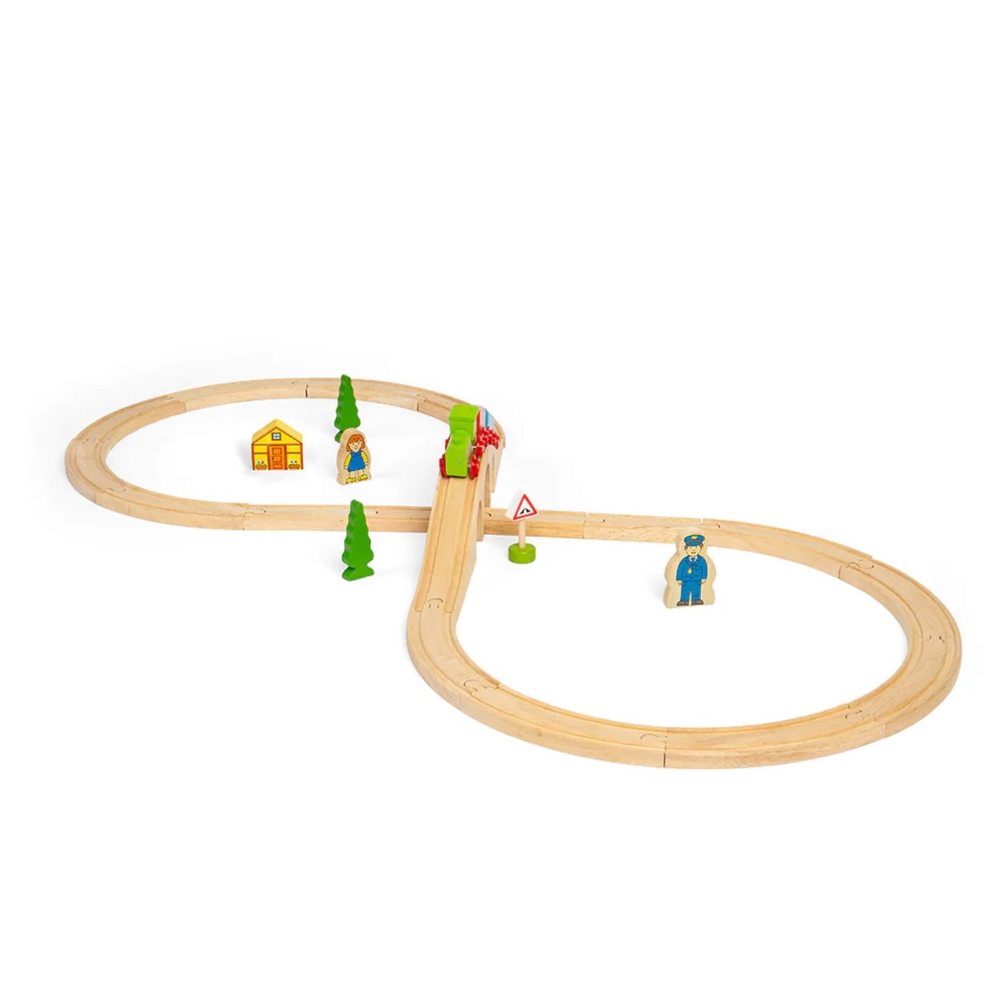 Angled view of the full wooden train track set, with a house, characters, trees, and warning sign.